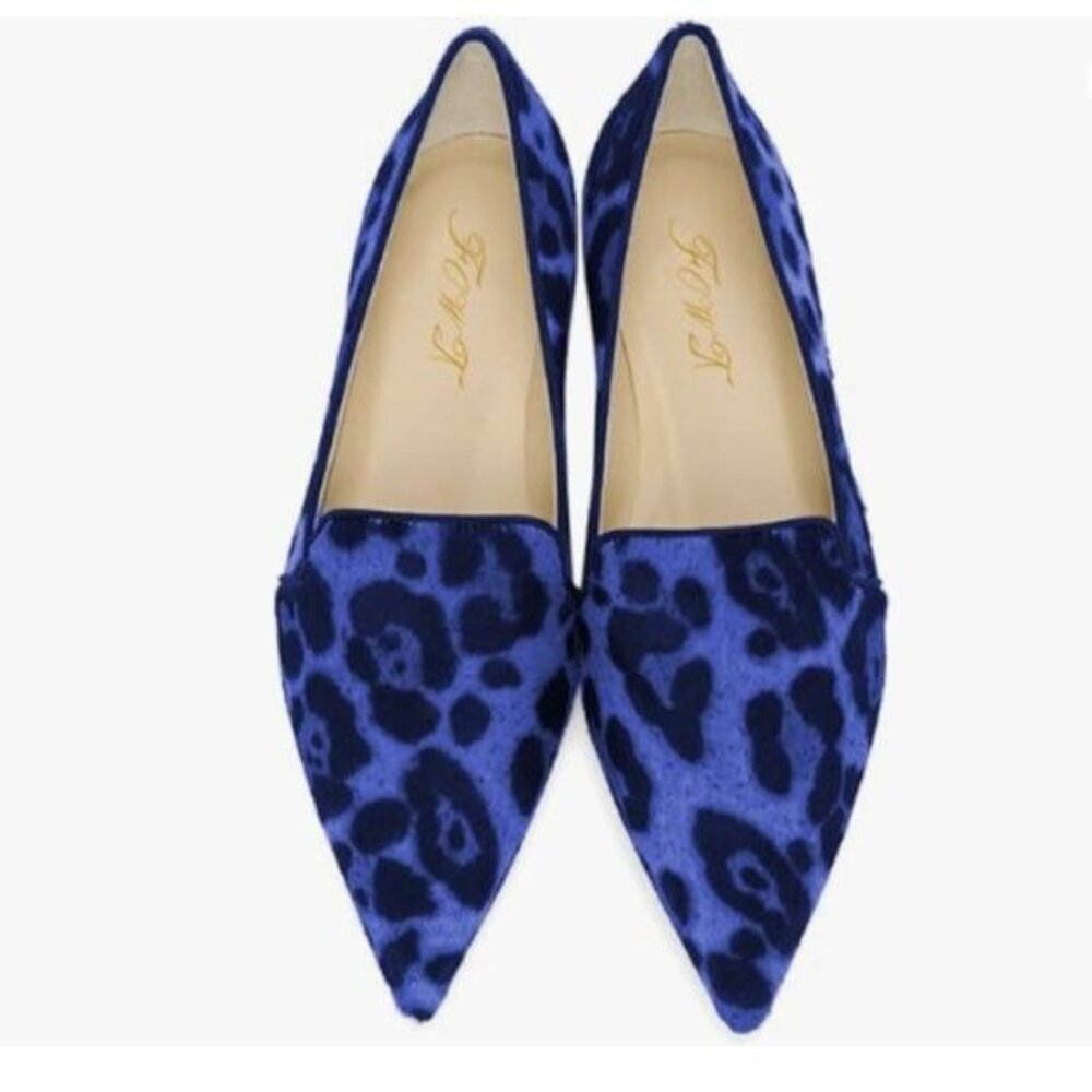FOWT Women Sexy Pointed Toe Arched Heel Pumps Side V Cut Loafers Blue Leopard